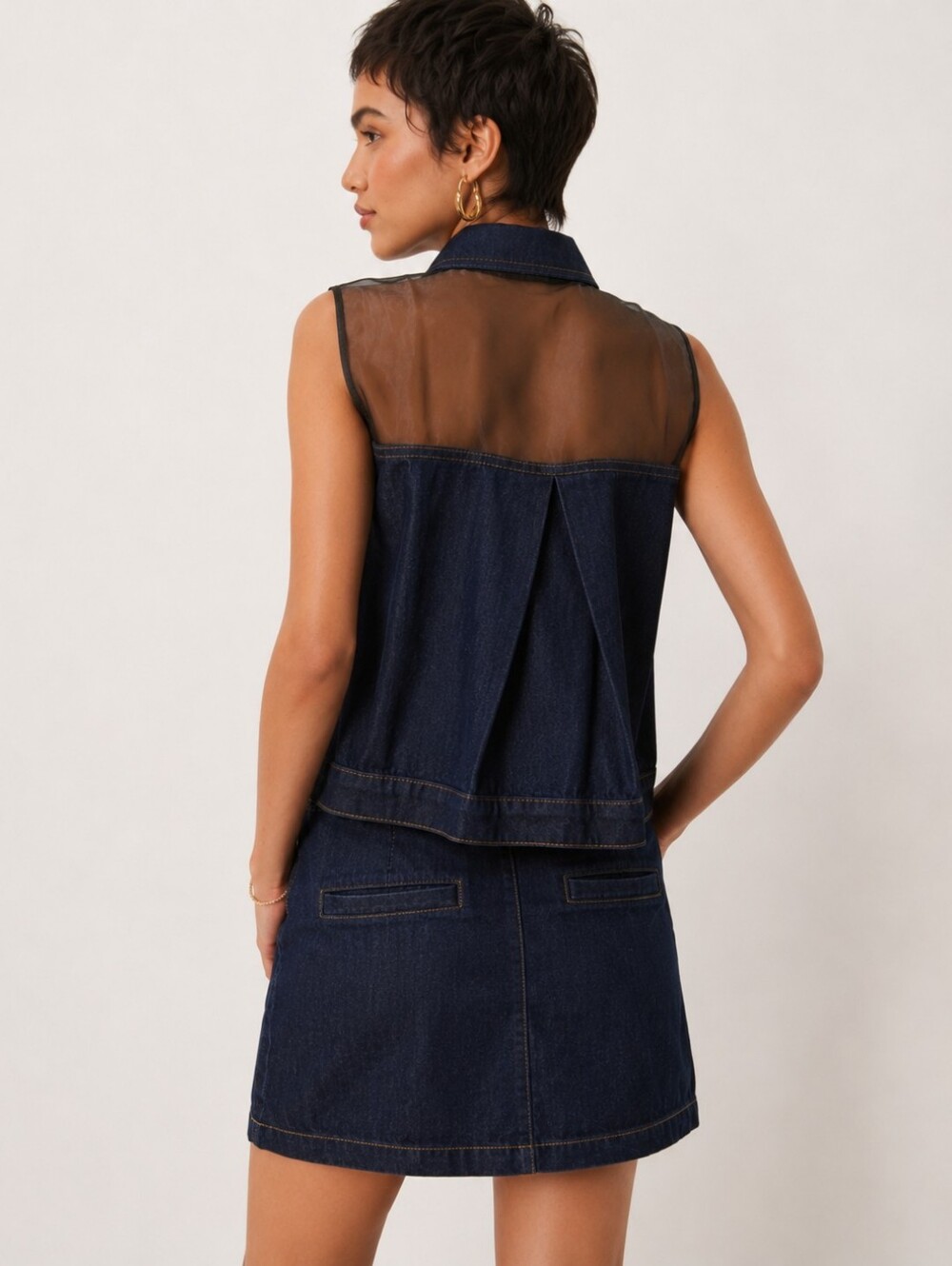 TOPSHOP x ASOS Dark Wash Sheer Organza Pleated Denim Vest & Mini Skirt Set L - Picture 2 of 16